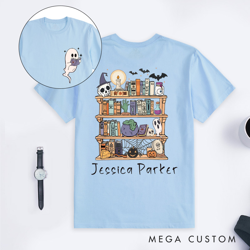Personalized Ghost Book Reader Classic T-Shirts Halloween Library Shirt Halloween Reading Tee Book Lover Gift Skeleton Book Club Reading Shirts