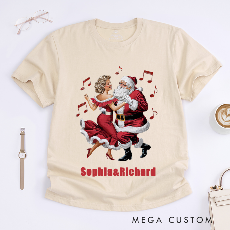 Personalized Dancing Santa Christmas T-Shirts Custom Name Retro Gift Unique Xmas Outfit for Men Women Friends Family Matching