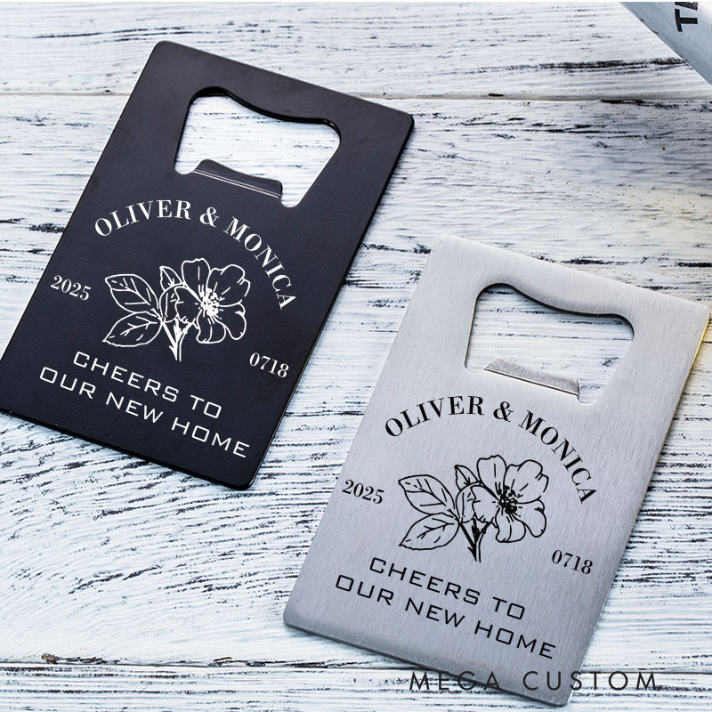 Personalized Credit Card Bottle Opener Custom Housewarming Bottle Opener with Names Date and Floral Theme Perfect for New Home Gifts and Celebrations
