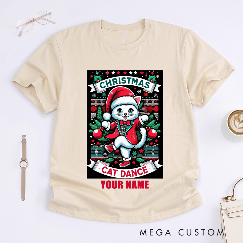 Personalized Christmas Cat T-Shirts Custom Name Cute Dancing Kitty Gift for Women Unique Dance Shirt for Family Matching Outfits