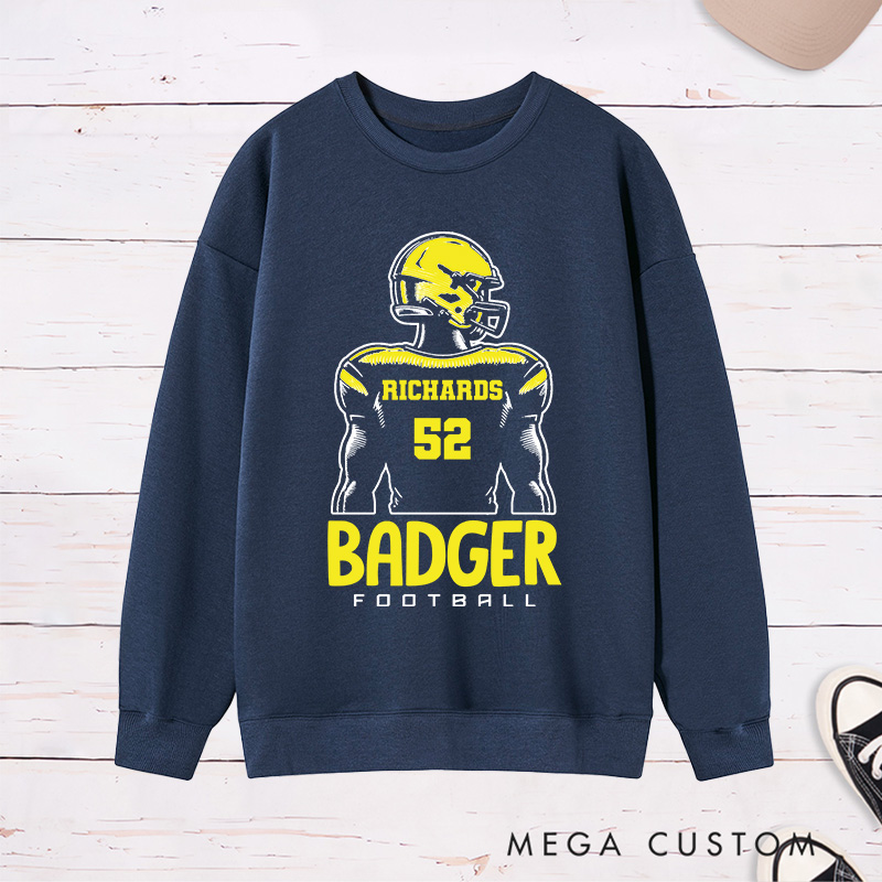 Personalized American Football Sweatshirt with Custom Team Name and Number on the Player Back