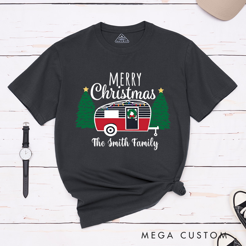 Personalized Cozy Camper Christmas T-Shirt Merry Christmas Shirt Christmas Gift for Hiking Outdoors Lover