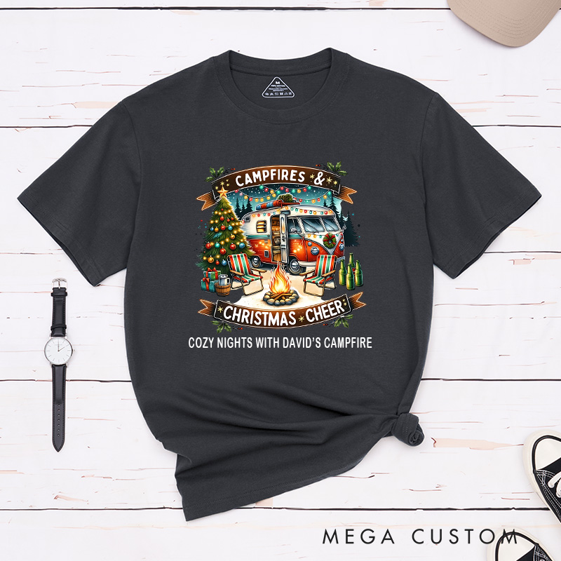 Personalized Campfires Christmas Cheer T-Shirt Merry Christmas Shirt Gift for Camping Outdoors Lover