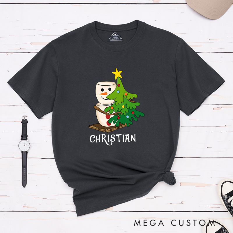 Personalized Marshmallow Snowman Hugging a Christmas Tree T-Shirt Christmas Camping Shirt Gift for Outdoor Hiking Lover