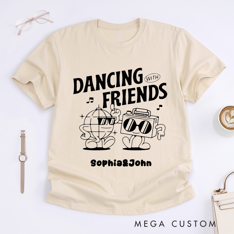 Personalized Dancing With Friends T-Shirts Custom Name Fun Cartoon Disco Ball and Boombox Graphic Gift for Dance Lovers Unisex Trendy Tee