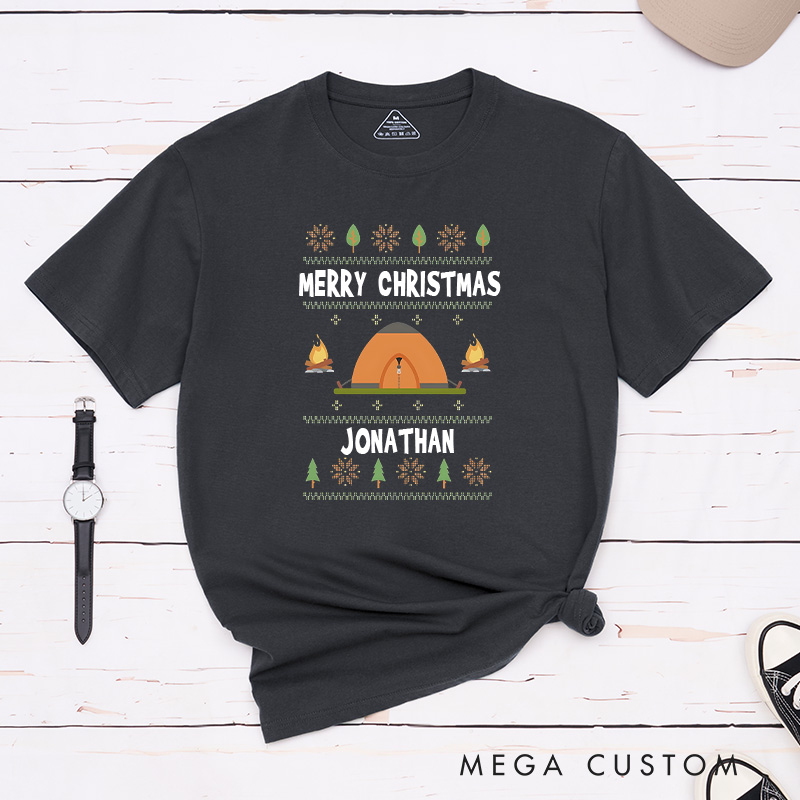 Personalized Camper Christmas T-Shirt Outdoor Adventure Lover Shirt Christmas Gift for Hiking Outdoors
