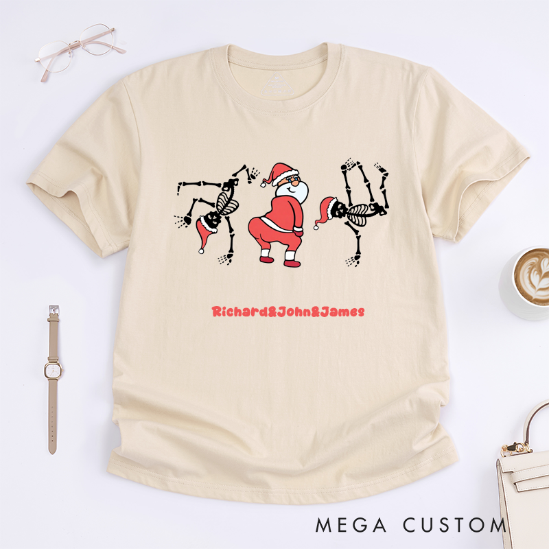 Personalized Funny Santa Skeleton Dance T-Shirts Unisex Custom Name Gift Humorous Family Matching Xmas Shirt for Men Women