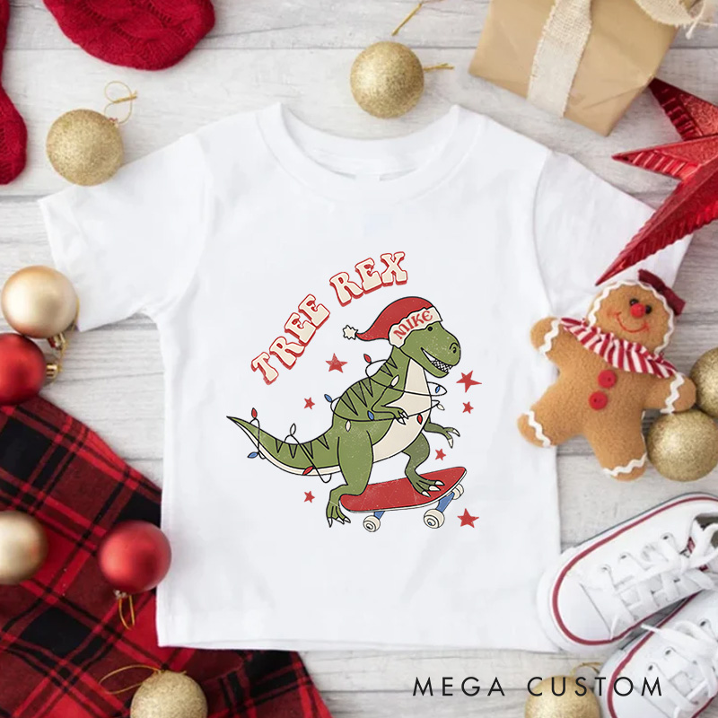 Personalized Tree Rex Retro Kids T-Shirt Cute Christmas Toddler Tee Holiday Natural Shirt