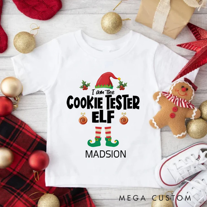 Personalized Cookie Tester Elf Matching Christmas Name Kids T-Shirt