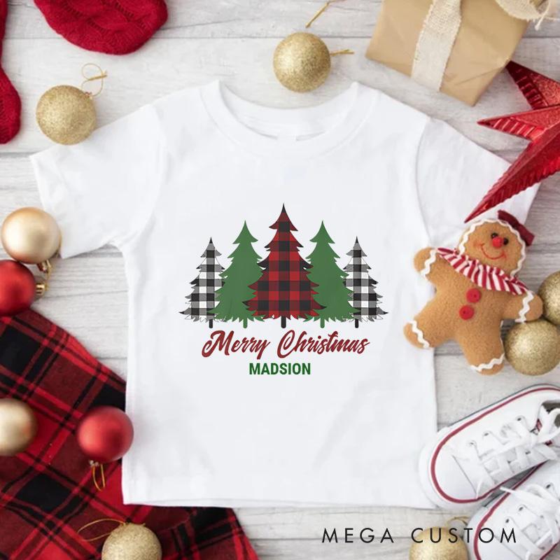 Personalized Rustic Red Plaid Merry Christmas Trees Kids T-Shirt