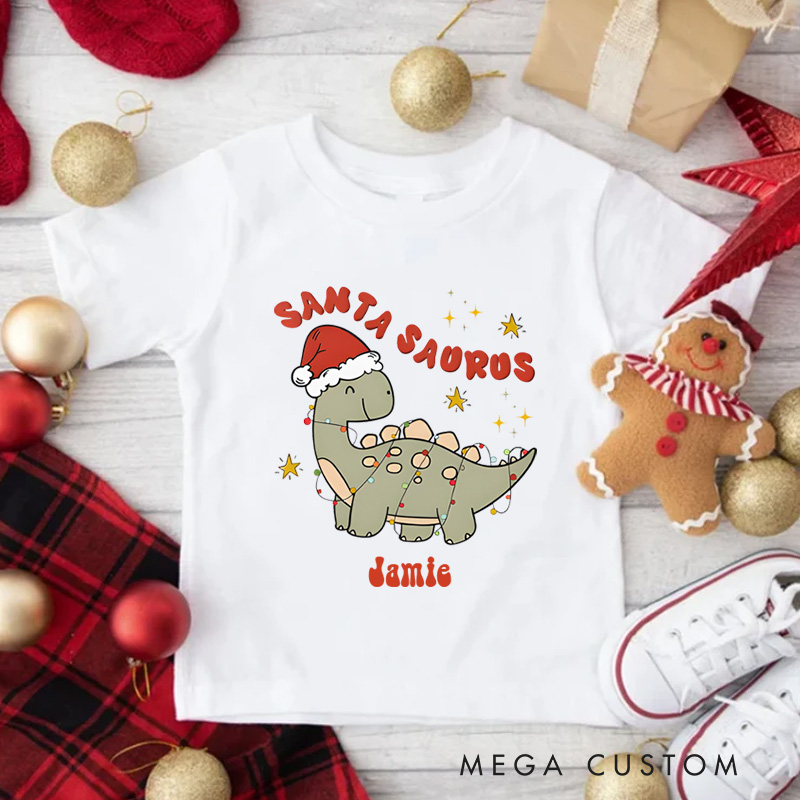 Personalized Cute Christmas Dinosaur Santasaurus Name Kids T-Shirt