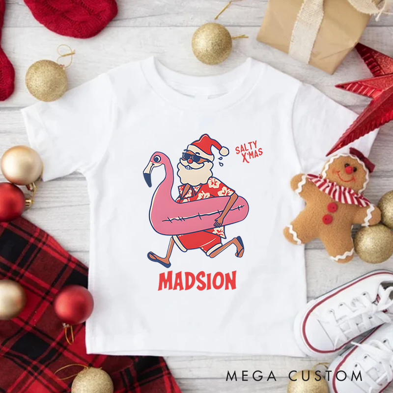 Personalized Mele Kalikimaka Santa Flamingo Christmas Getaways Kids T-Shirt
