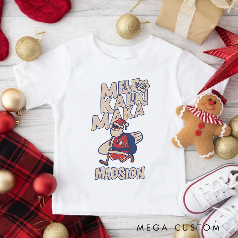 Personalized Mele Kalikimaka Funny Santa Hawaiian Christmas Kids T-Shirt