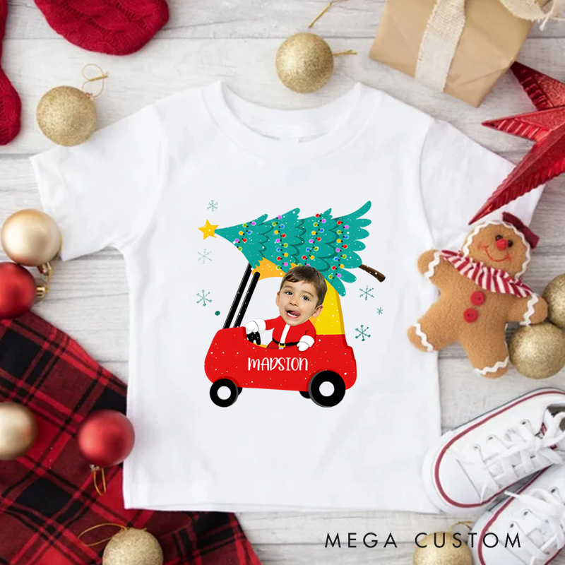 Personalized Red Car Christmas Kids Face with Photo T-Shirt 