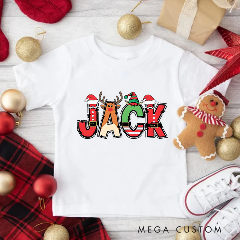 Personalized Christmas Name T-Shirt for Kids Toddler Christmas Tee Santa Reindeer and Elf Design