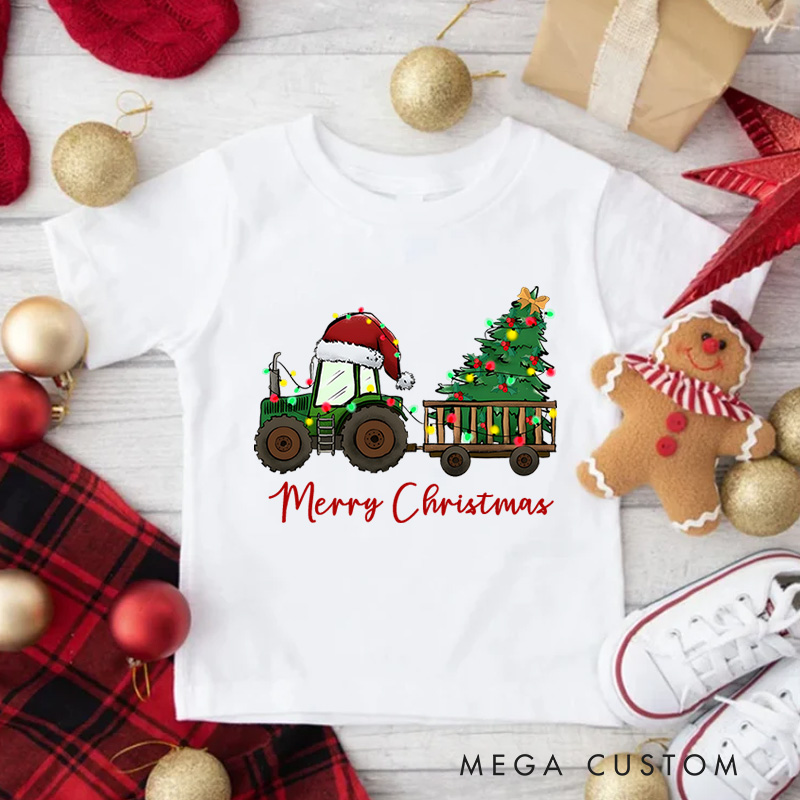 Personalized Christmas Tree Tractor Toddler T-Shirt Christmas Farm Life Tee Xmas Kids Gift