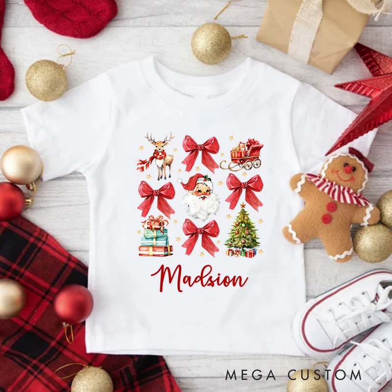 Personalized Christmas Santa and Bows T-Shirt Kids Christmas Tee Shirt Xmas Kids Gift