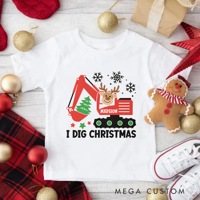 Personalized I Dig Christmas Cute Red Construction Vehicle Reindeer Tree Christmas Excavator Kids T-Shirt