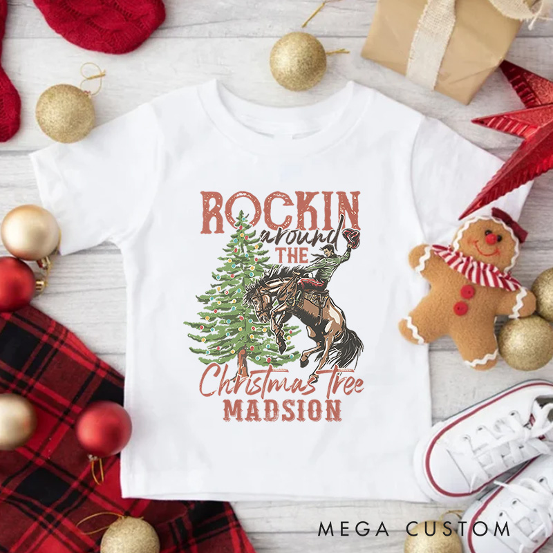 Personalized Western Rodeo Christmas Kids T-Shirt Retro Rocking Around The Christmas Tree Bucking Horse Holiday Outfit 
