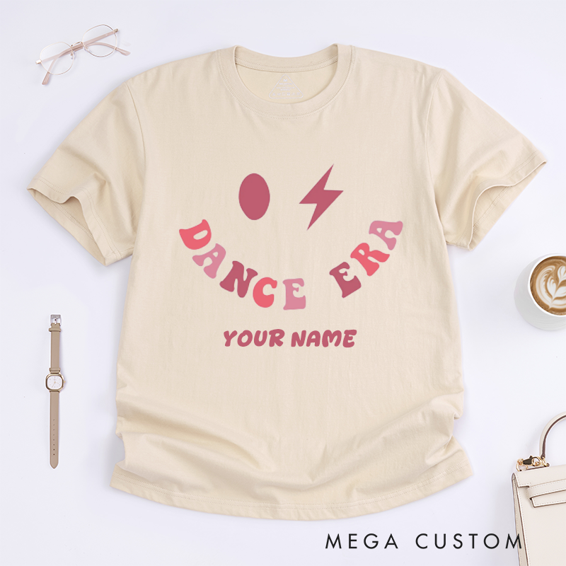 Personalized Dance Era Graphic T-Shirts Retro Smile Face Custom Name Gift for Women Unique Trendy Lightning Print Casual Top for Dancer Stylish Present