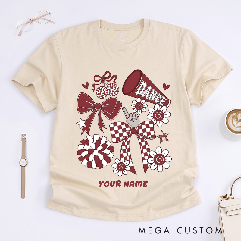Personalized Dance Cheerleading T-Shirts for Girls Custom Name Cheer Squad Team Spirit Gift Unique Pom Pom Bow Flower Design for Dance Lovers