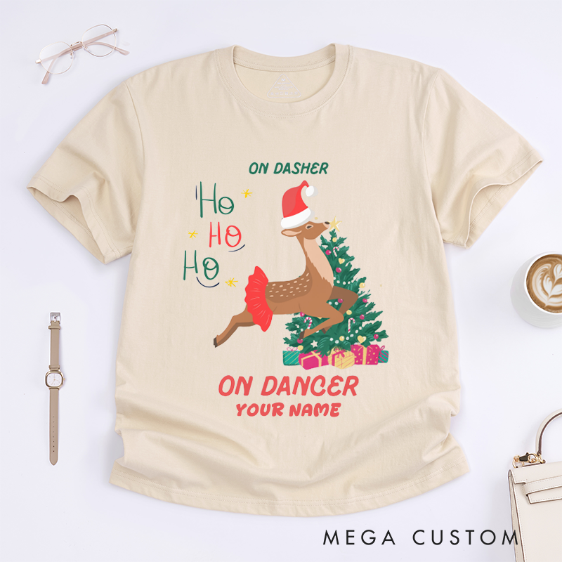 Personalized Christmas Reindeer T-Shirts Custom Name Festive Gift Funny On Dasher On Dancer Women Custom Xmas Tee Cute Santa Present for Her