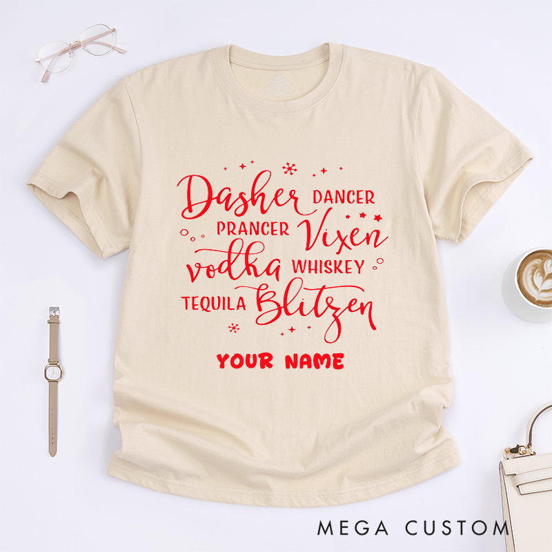 Personalized Funny Reindeer Names Christmas T-Shirts Custom Name Drinking Themed Tee Gift for Women Humorous Vodka Whiskey Tequila Dance Lovers