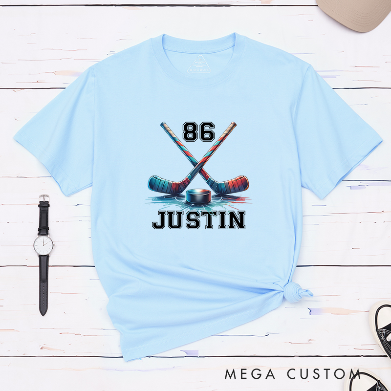 Personalized Ice Hockey T-Shirt with Crossed Sticks and Custom Name  