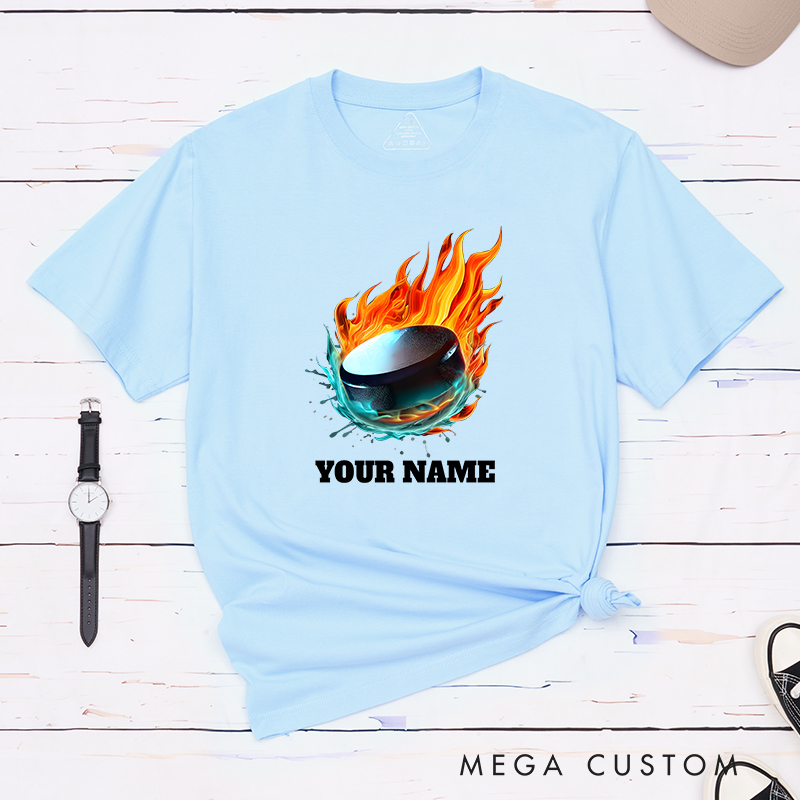 Personalized Flaming Hockey Puck T-Shirt with Custom Name  