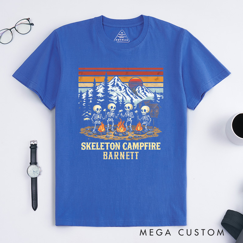 Personalized Skeleton Campfire T-Shirt Camping Hiking Lovers Shirt Halloween Gift Outdoor