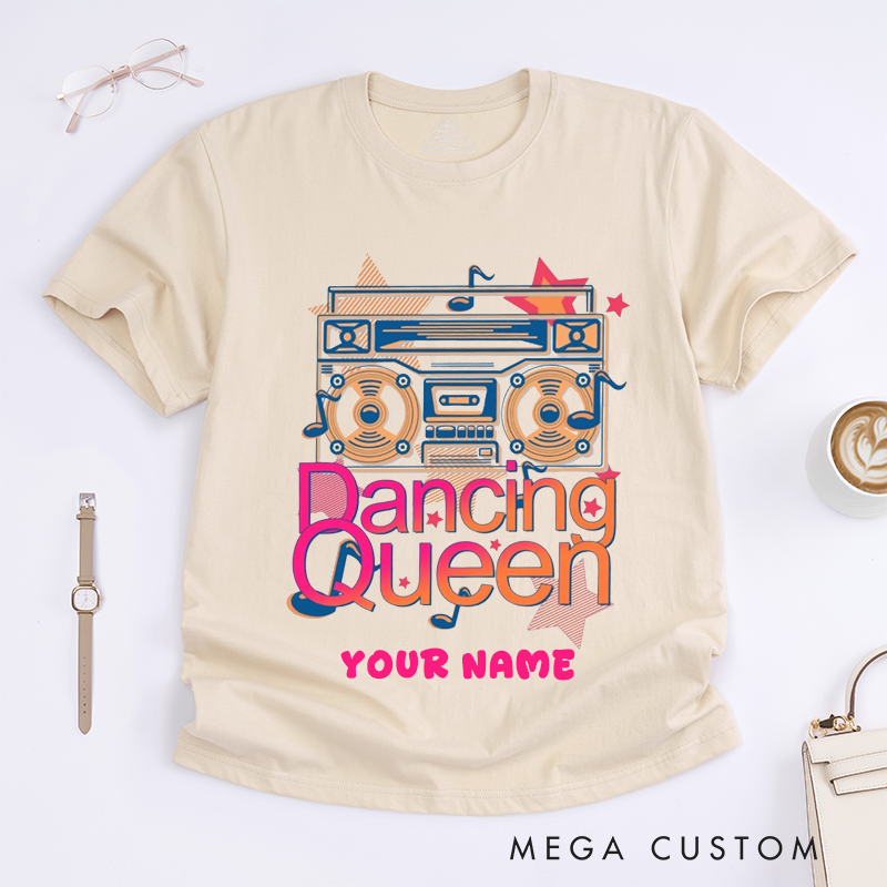 Personalized Retro Boombox Dancing Queen Graphic Womens T-Shirts Custom Name 80s Dance Lover Gift Unique Fun Dance Tee for Her
