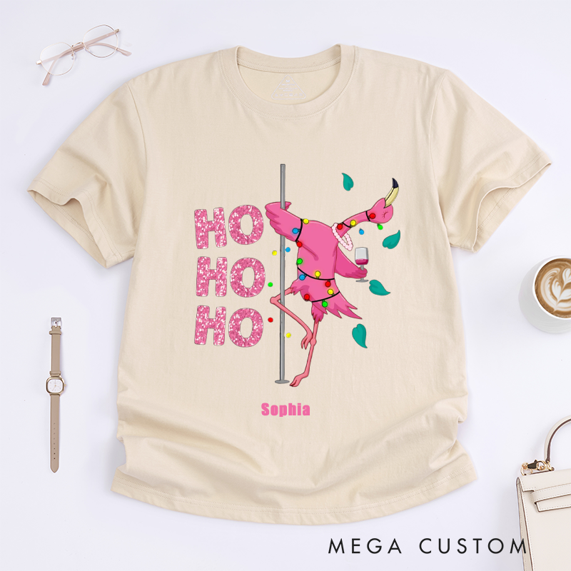 Personalized Funny Flamingo Dance T-Shirts Ho Ho Ho Design Unique Gift for Women Custom Name Tee for Her