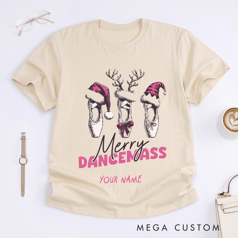 Personalized Merry Dancemass Ballet Shoes Christmas T-Shirts Custom Name Dance Lover Gift Unique Tee for Women Dancer Xmas Present
