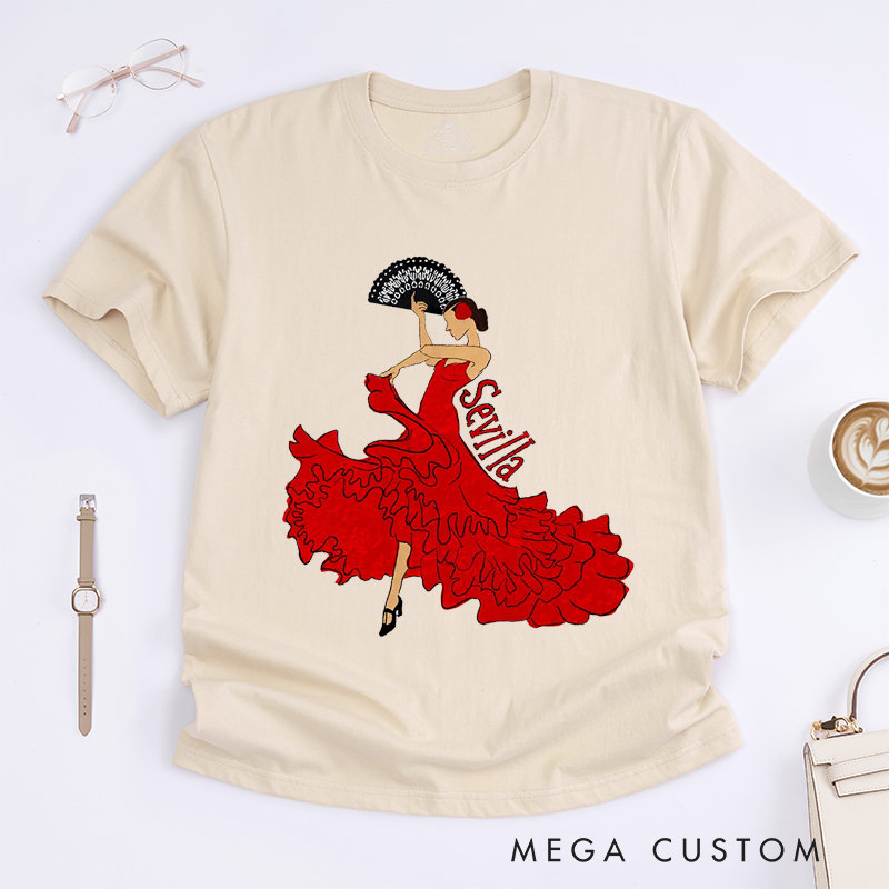 Personalized Flamenco Dancer Sevilla T-Shirts Custom Name Spanish Dance Gift for Women Unique Red Dress Art Tee Present for Dancer Lover
