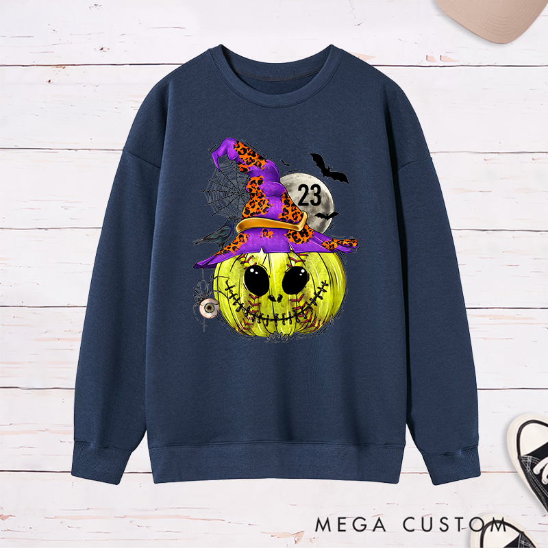 Personalized Enchanted Softball Pumpkin Witch Sweatshirt with Custom Number