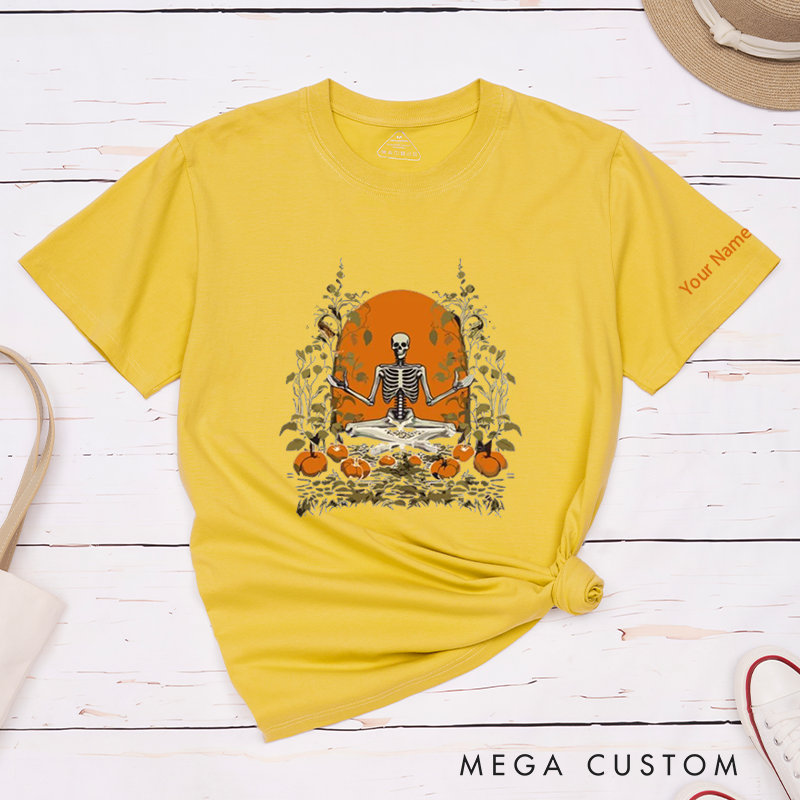Personalized Halloween Skeleton T-Shirt with Pumpkin Meditation Design Perfect Gift for Yoga Lover and Halloween