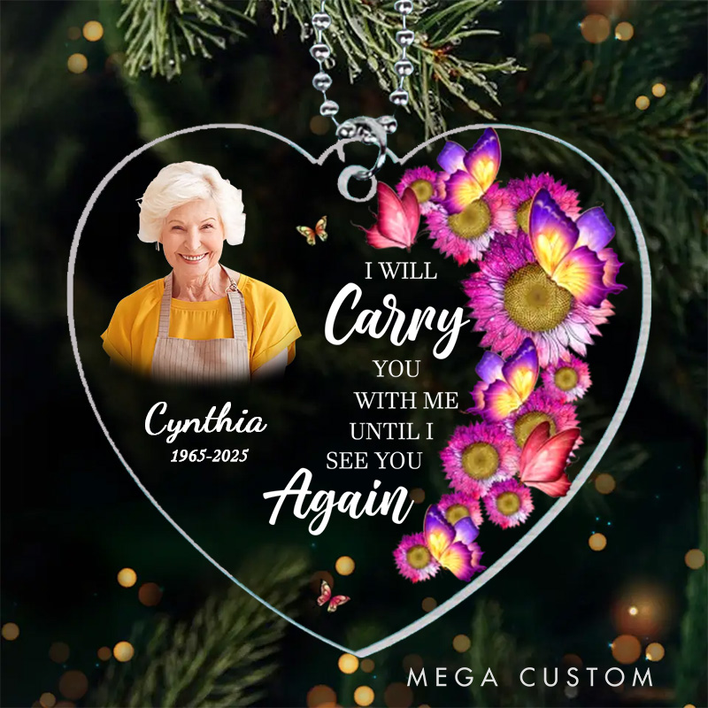 Personalized Heart Shaped Memorial Ornament Customizable Photo Name Year Quote Floral Butterflies Keepsake