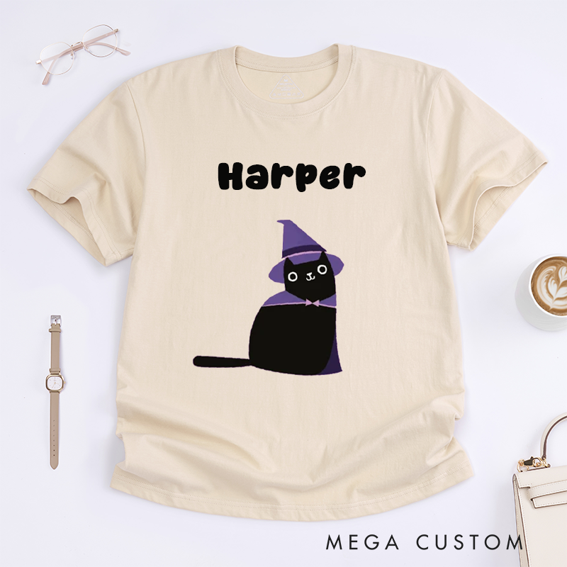 Personalized Black Cat Witch Hat T-Shirts Custom Name Gift Cute Magic Cat Tee for Women Present Unique Cat Lover Top