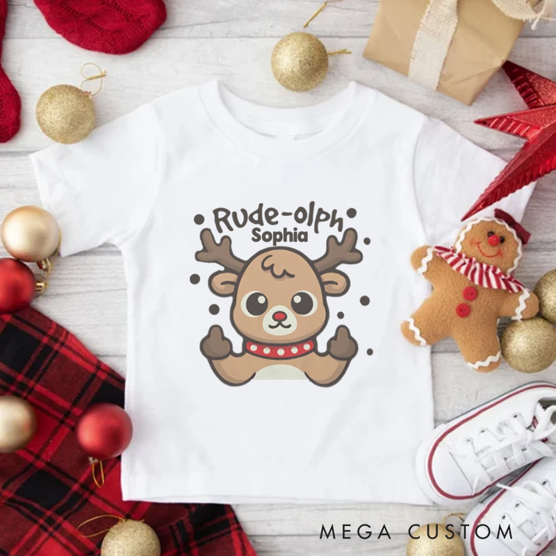 Personalized Rude Reindeer with Playful Expression Christmas Kids T-Shirt