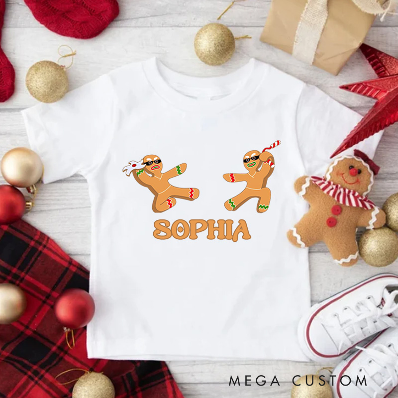 Personalized Gingerbread Ninjas in Action Christmas Kids T-Shirt