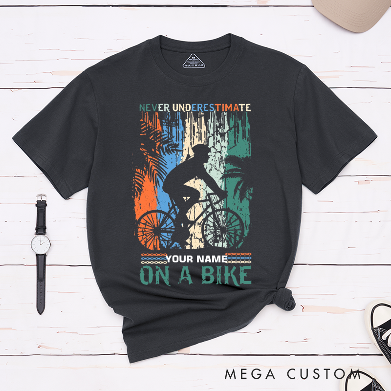 Personalized Bold Cyclist Silhouette T-Shirt with a Dynamic Forest Background for Outdoor Adventures Riding Cycling Biking Enthusiasts