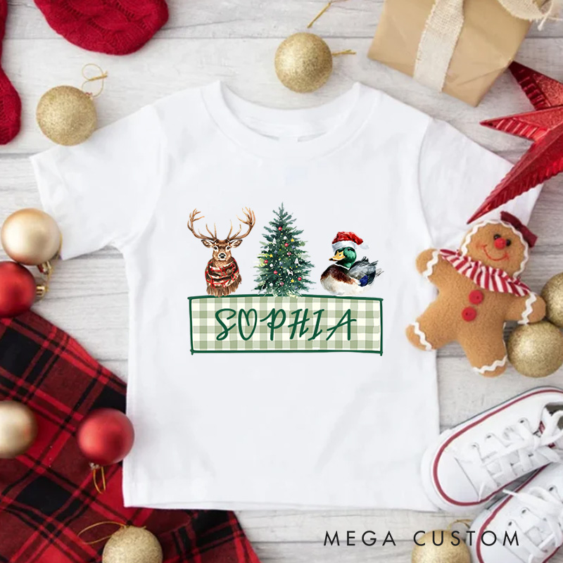 Personalized Reindeer and Tree with Plaid Name Banner Christmas Kids T-Shirt