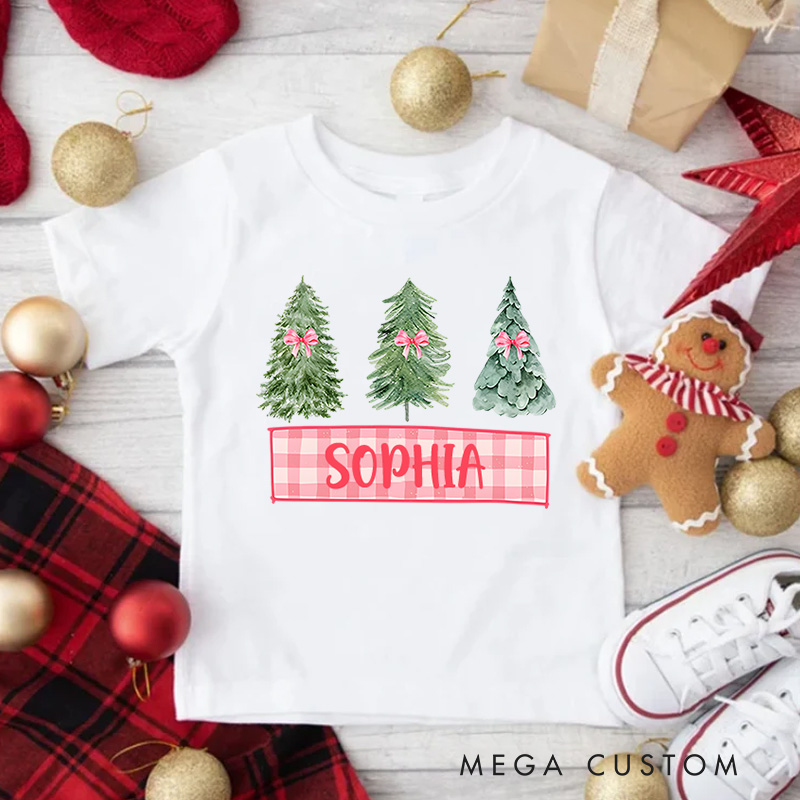 Personalized Trio of Christmas Trees with Plaid Accents Christmas Kids T-Shirt
