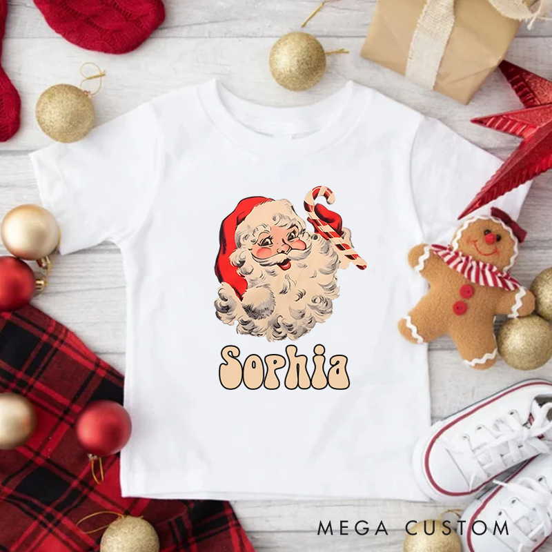 Personalized Vintage Santa with Cheerful Expression Christmas Kids T-Shirt