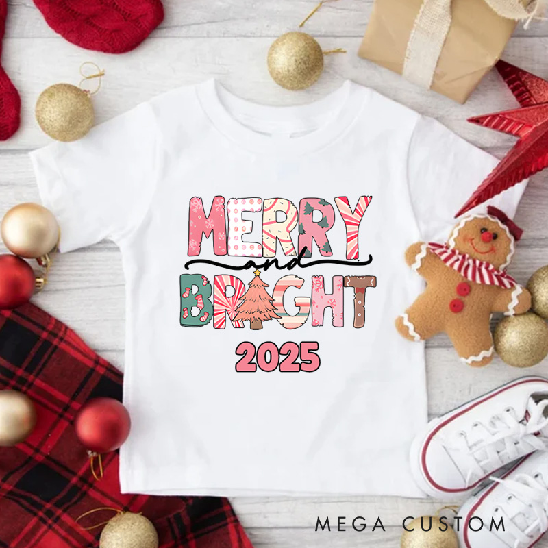 Personalized Merry and Bright with Festive Lettering Christmas Kids T-Shirt