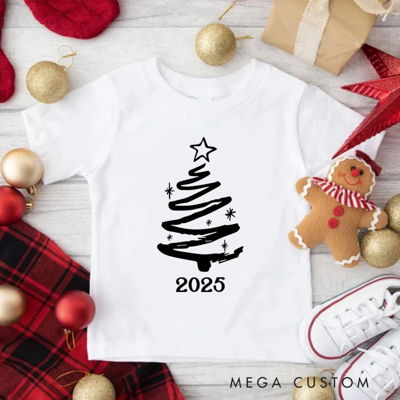 Personalized Minimalist Black and White Christmas Tree Christmas Kids T-Shirt