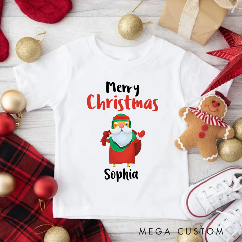 Personalized Santa with Gift Bag and Merry Christmas Text Christmas Kids T-Shirt