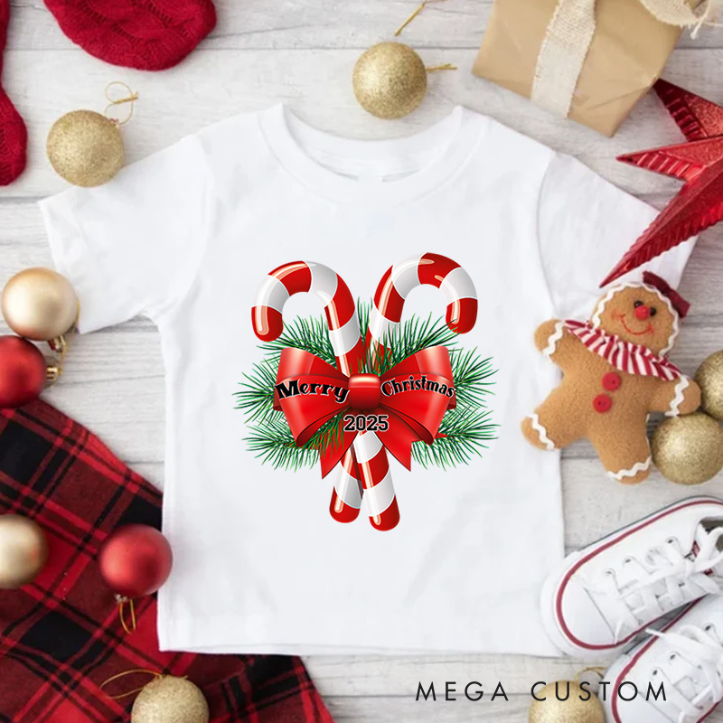 Personalized Candy Canes with Bow and Holly Accents Christmas Kids T-Shirt