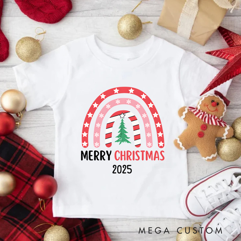 Personalized Rainbow with Merry Christmas Text and Stripes Christmas Kids T-Shirt