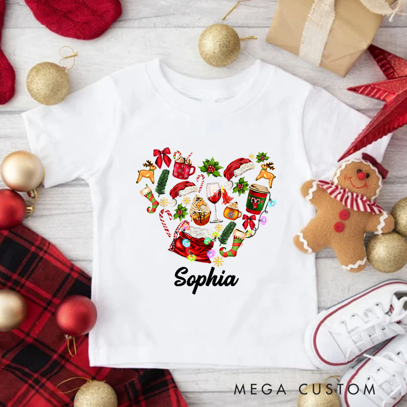 Personalized Heart Shape Made of Christmas Decorations Christmas Kids T-Shirt